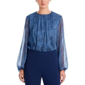 Lafayette 148 New York Midnight Blue Screen Print Silk Chiffon Blouse Size XS